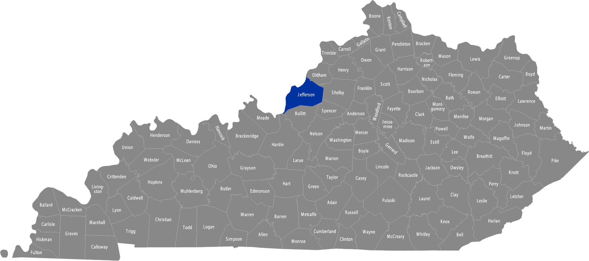 State of Kentucky map with Jefferson County highlighted